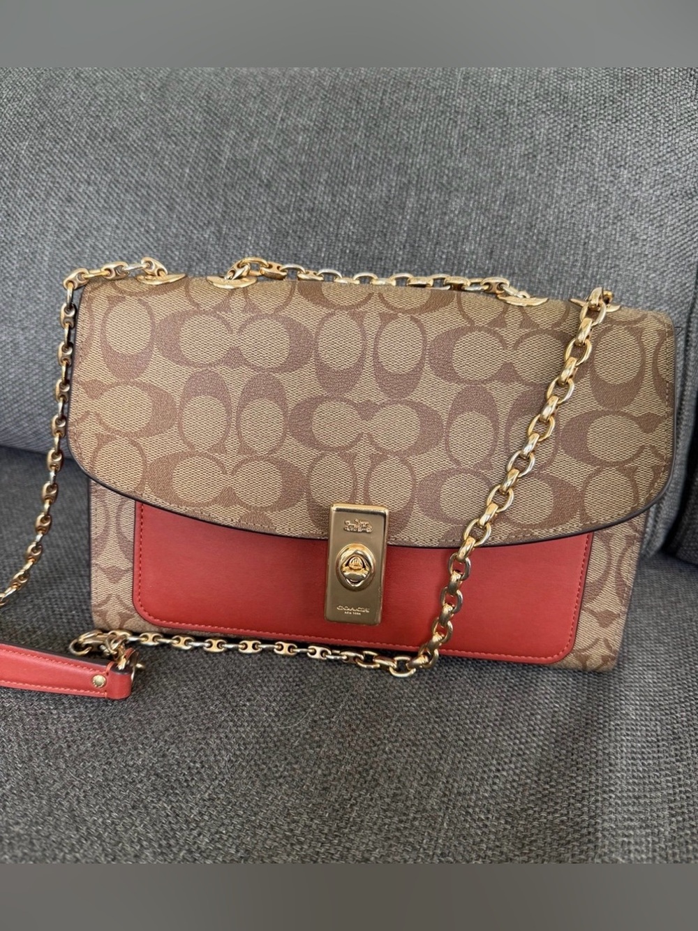 Coach Brown Signature Canvas Crossbody with Red Leather Accent